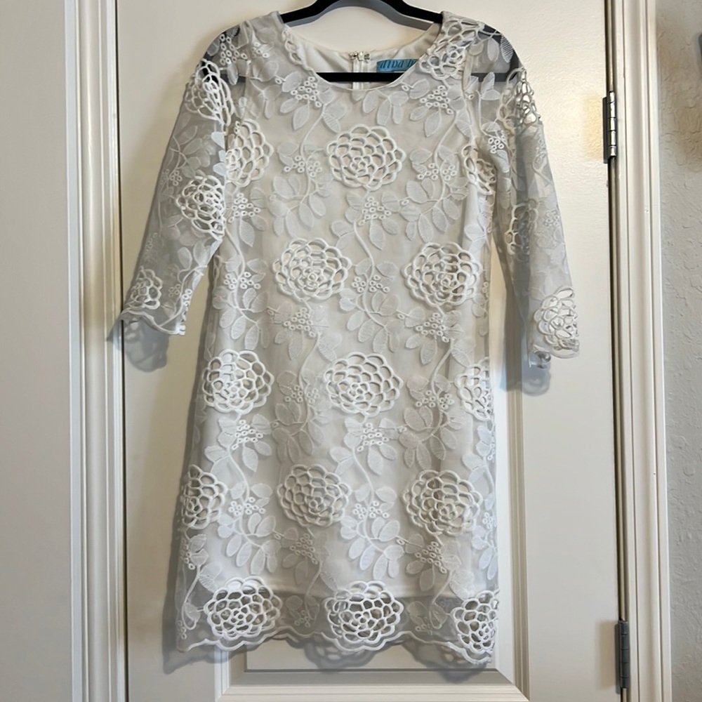 White shift dress with floral overlay